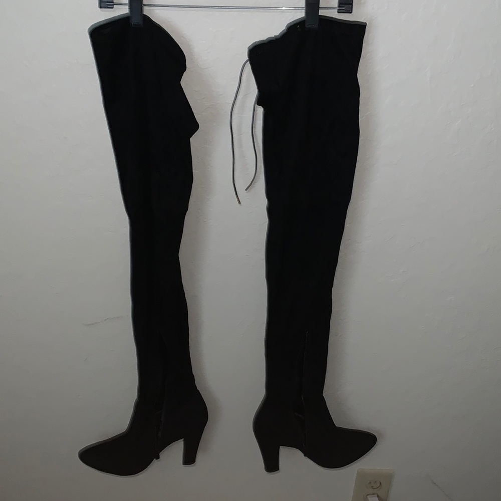 Boohoo Black Faux Suede Thigh High Boots Size 10
